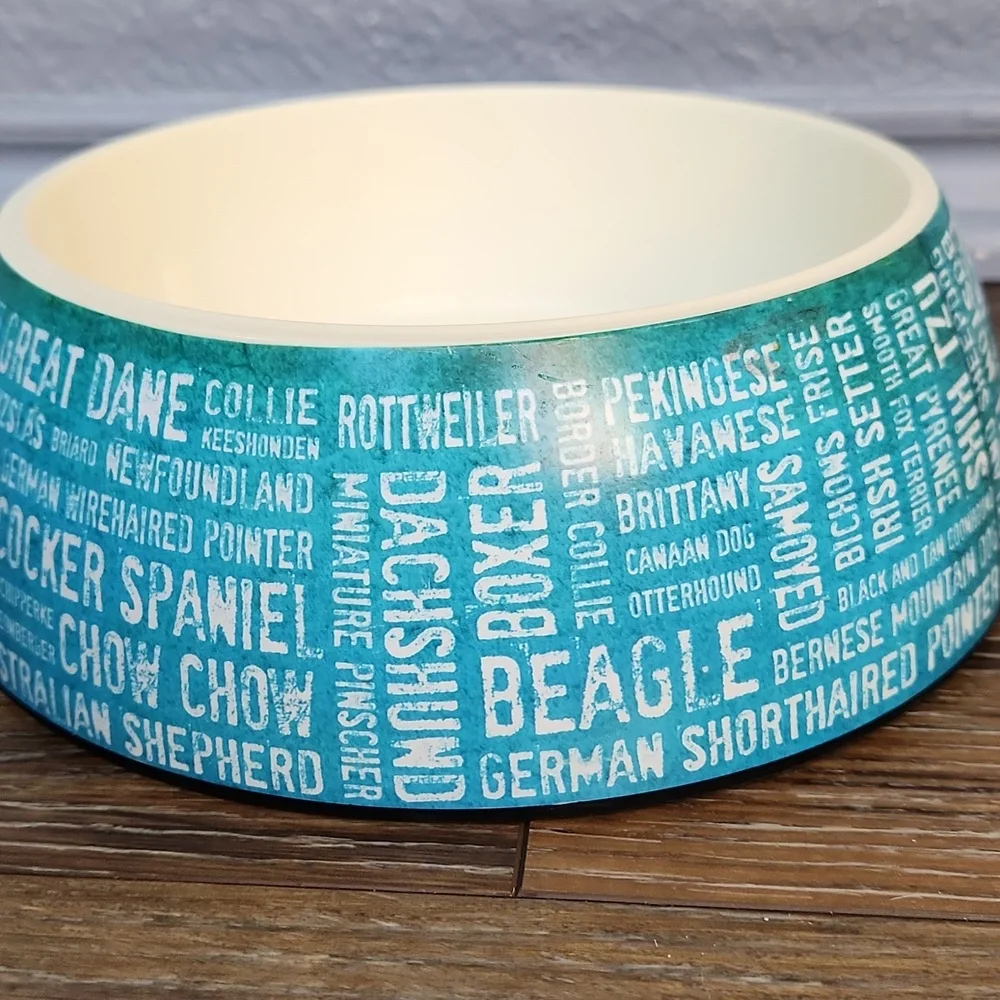 Plastic Dog Breeds Bowl Blue Green Teal White
